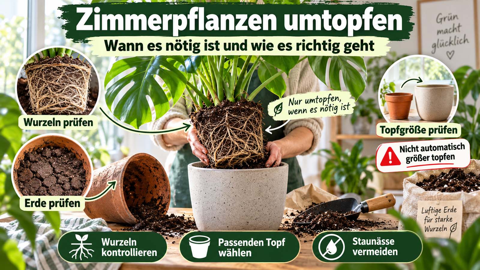 Zimmerpflanze beim Umtopfen mit dichtem Wurzelballen, frischer Erde und passender Topfgröße sowie Hinweisen zu Wurzeln, Substrat und Staunässe.