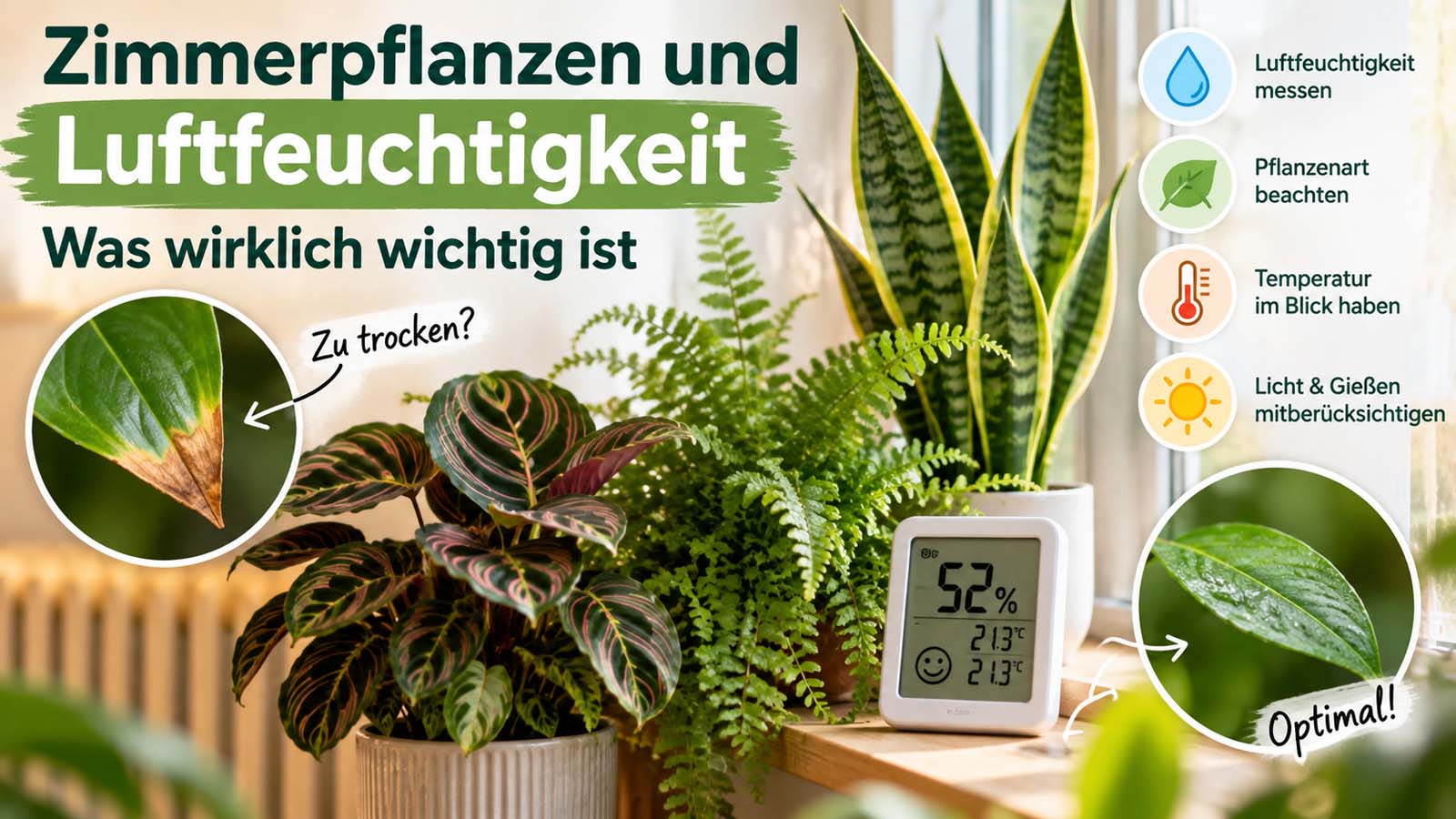 Calathea, Farn und Bogenhanf neben einem Hygrometer mit Hinweisen zu Luftfeuchtigkeit, Temperatur, Licht, Gießen und braunen Blattspitzen.