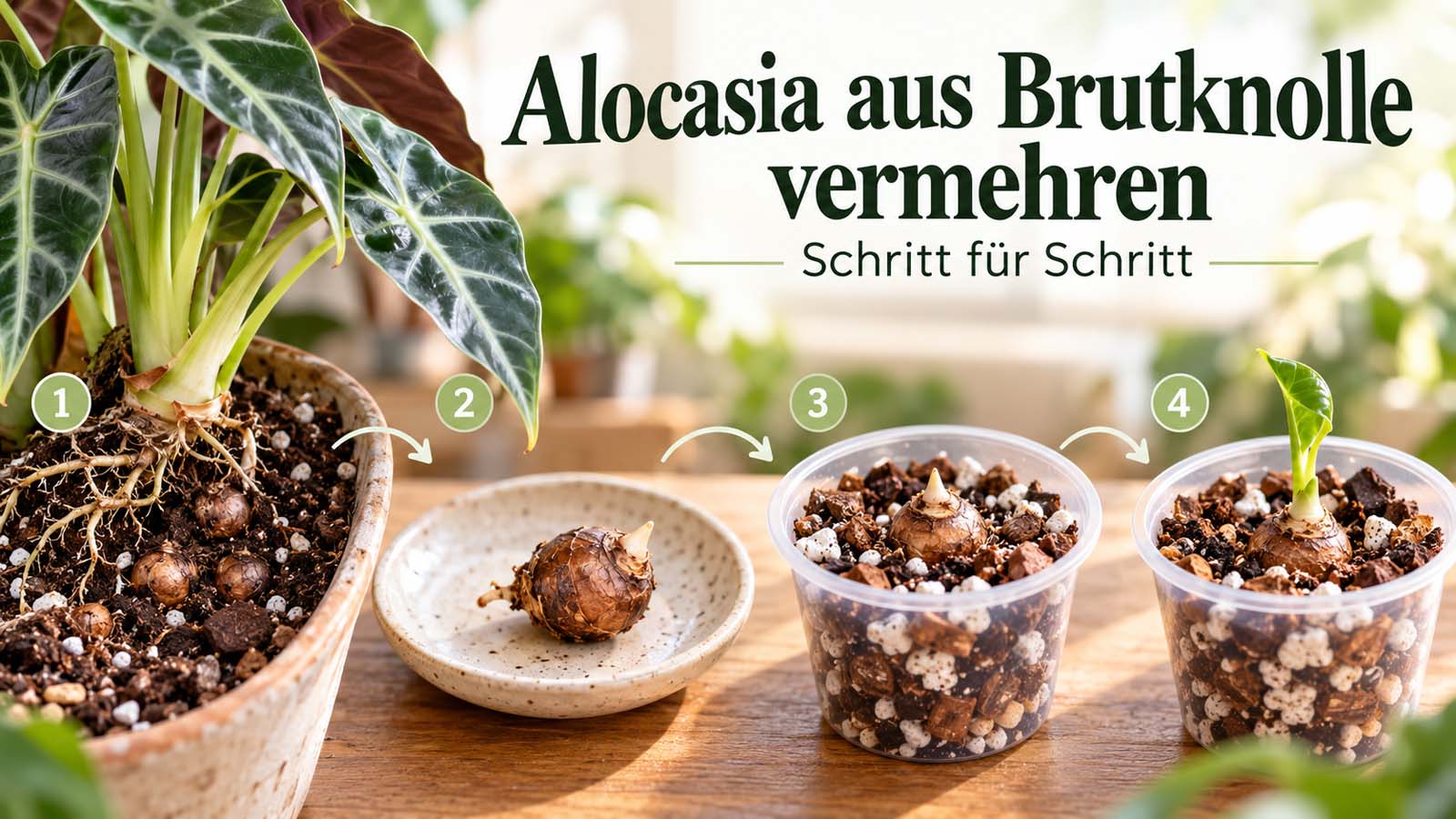 Schritt-für-Schritt-Darstellung zur Vermehrung einer Alocasia aus einer Brutknolle – von der gefundenen Knolle im Wurzelballen über das flache Einsetzen bis zum ersten Austrieb.
