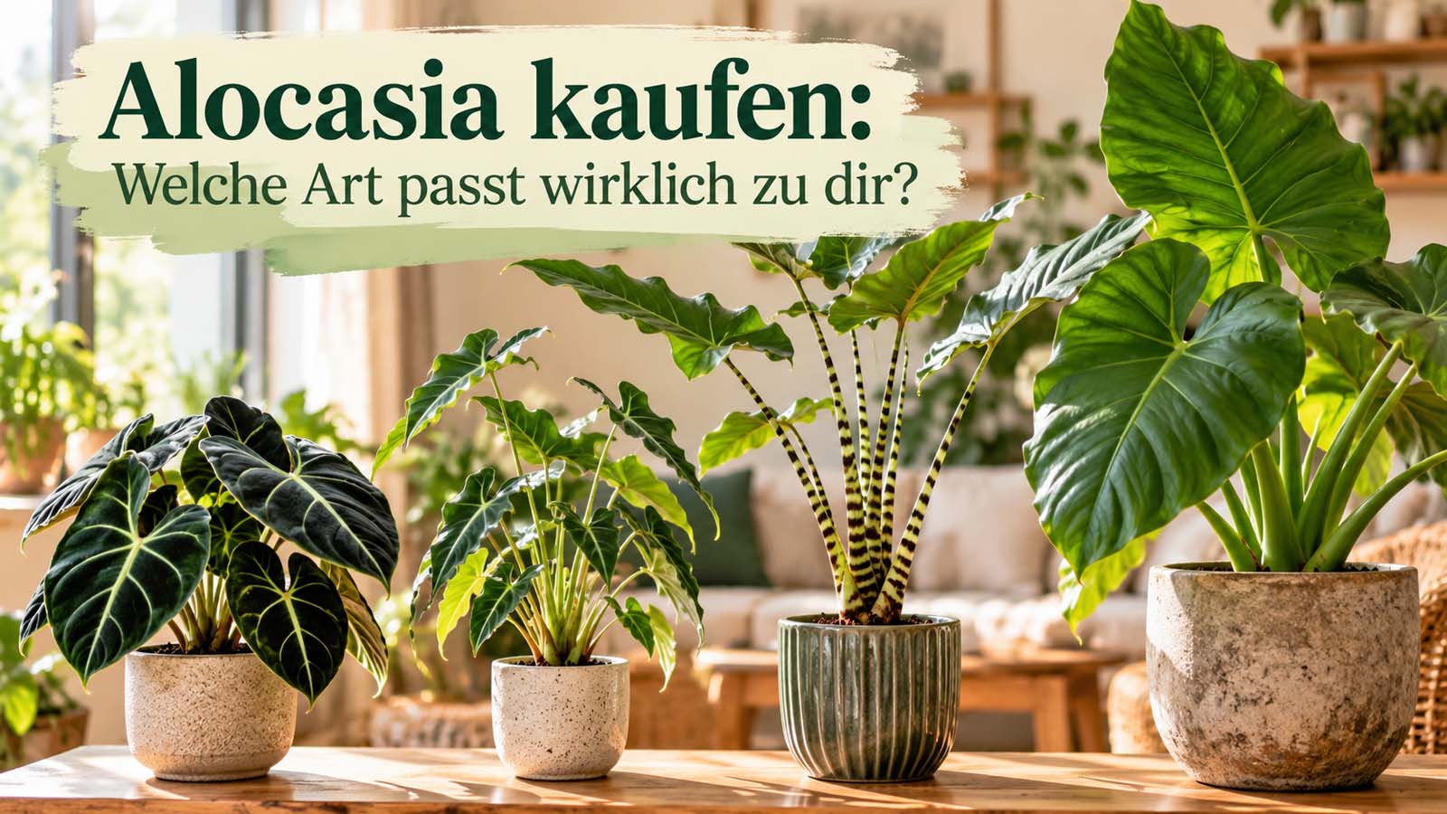 Verschiedene Alocasia-Arten mit unterschiedlich großen und gezeichneten Blättern im Vergleich – passend zur Auswahl nach Wuchs, Platzbedarf und Standort.