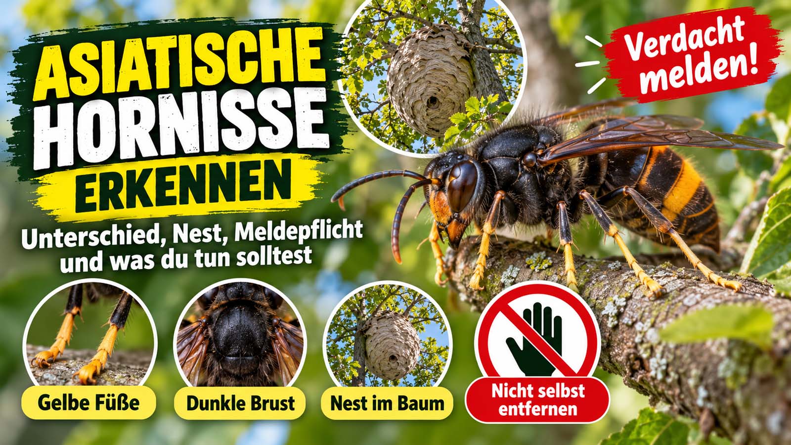 Asiatische Hornisse mit dunkler Brust, gelben Füßen und orangegelber Hinterleibsbinde auf einem Ast. Daneben ein großes Hornissennest im Baum und Hinweise zum sicheren Melden eines Verdachts.