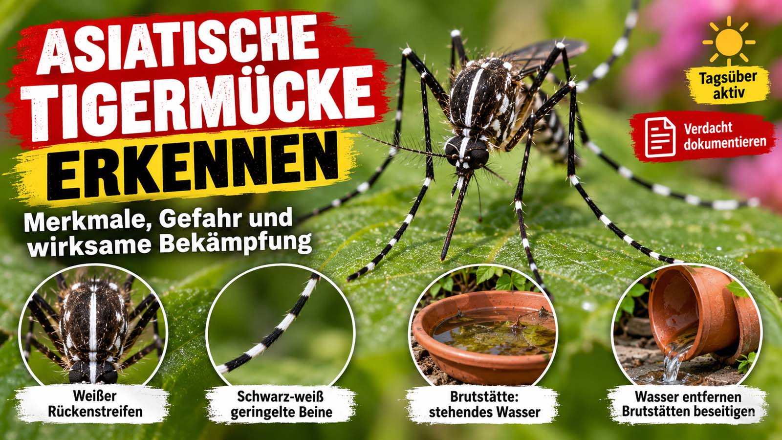 Asiatische Tigermücke mit schwarzem Körper, weißem Rückenstreifen und schwarz-weiß geringelten Beinen auf einem grünen Blatt. Dazu typische Brutstätten mit stehendem Wasser und Hinweise zur Bekämpfung.