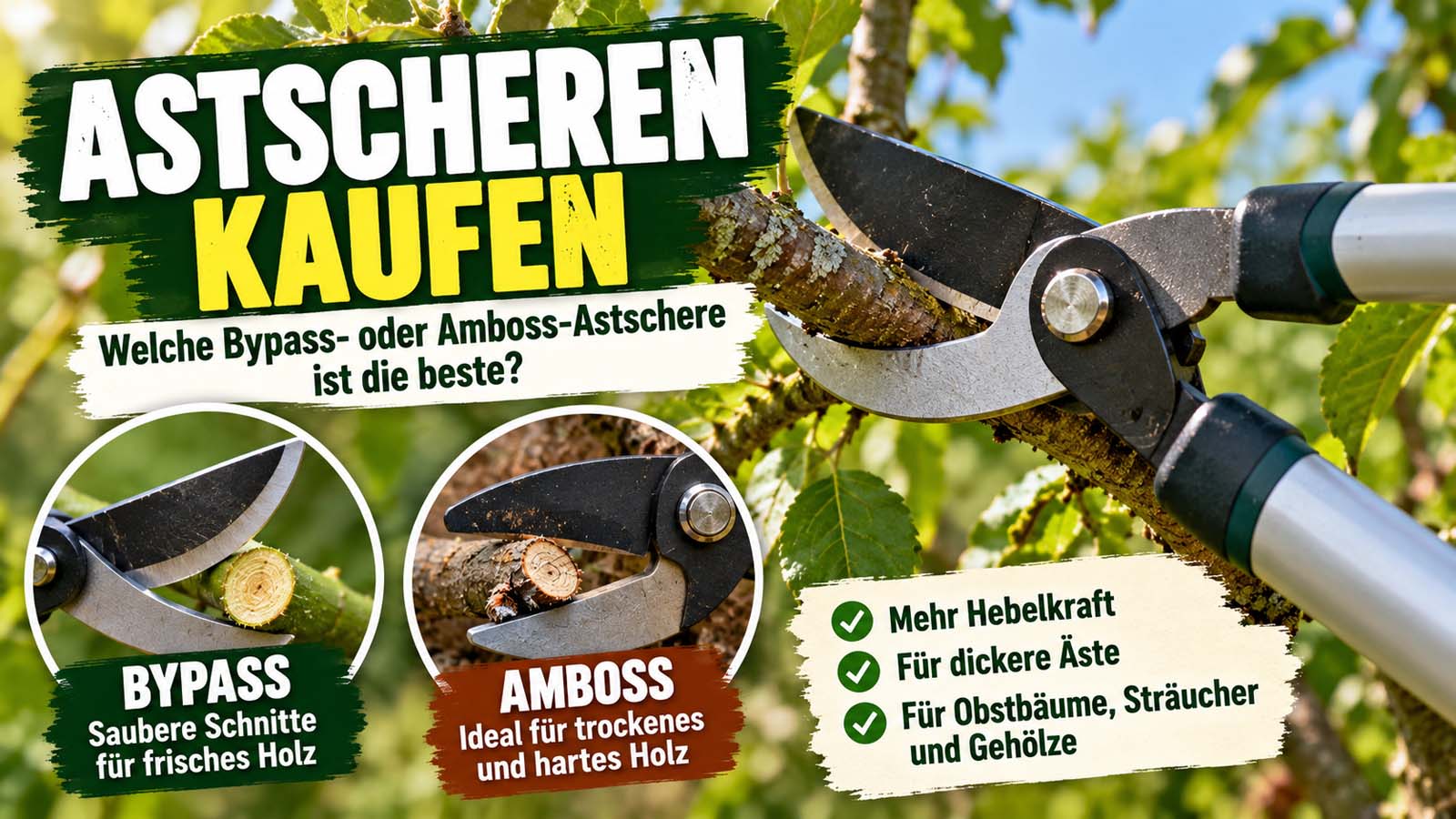 Astschere beim Schneiden eines Astes im Garten. Vergleich von Bypass-Astscheren für saubere Schnitte in frischem Holz und Amboss-Astscheren für trockenes, hartes Holz.