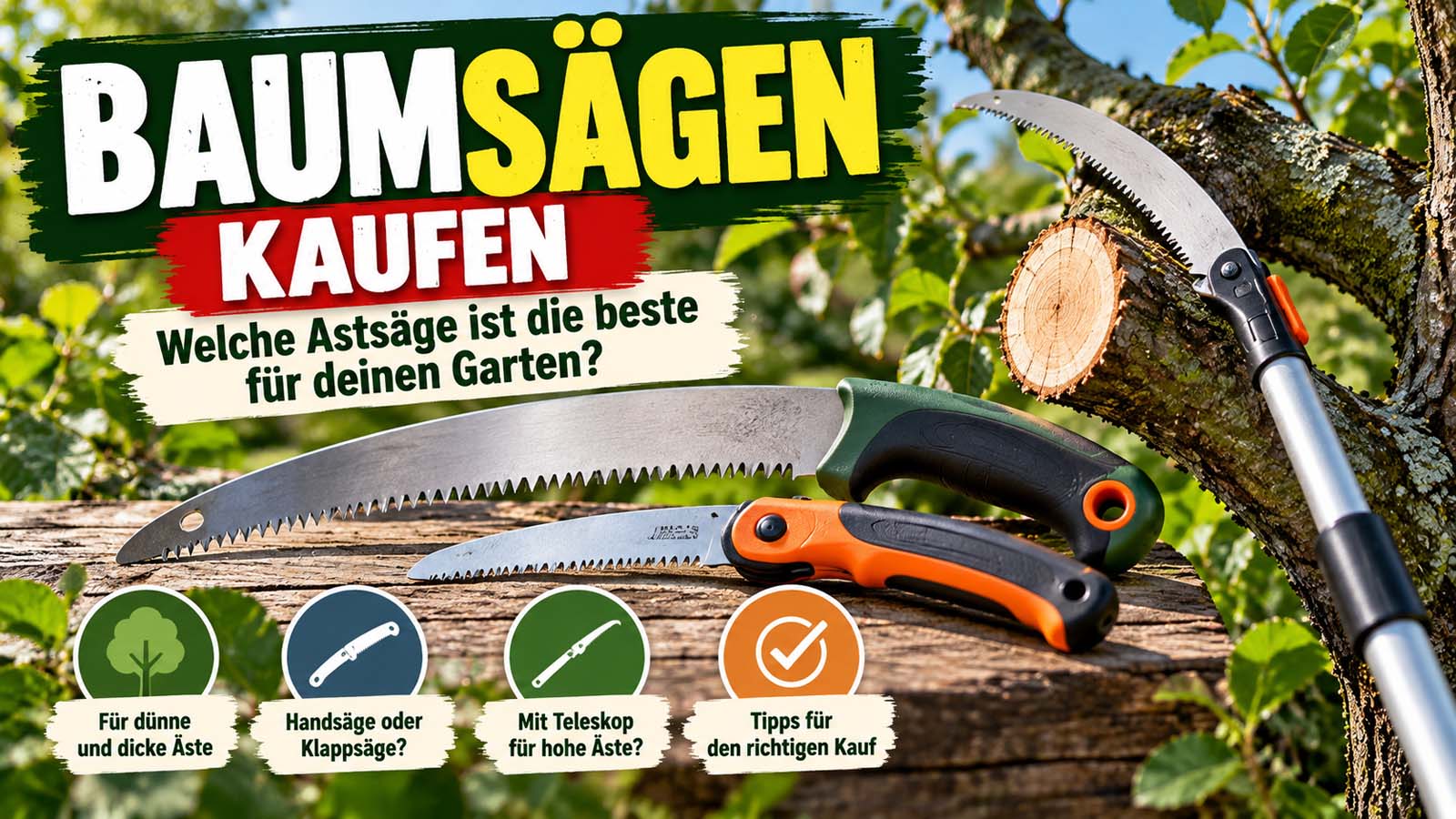 Verschiedene Baumsägen im Vergleich: gebogene Handsäge, kompakte Klappsäge und Teleskop-Astsäge an einem Obstbaum mit frisch geschnittenem Ast.