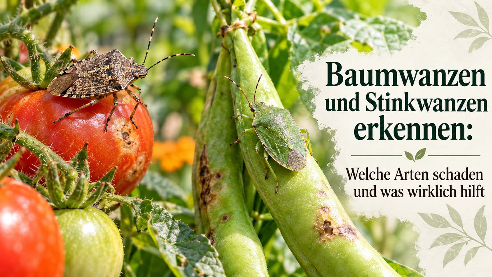 Braune und grüne Baumwanzen auf Tomate und Bohne im Garten – passend zum Erkennen schädlicher Stinkwanzen und typischer Saugschäden.