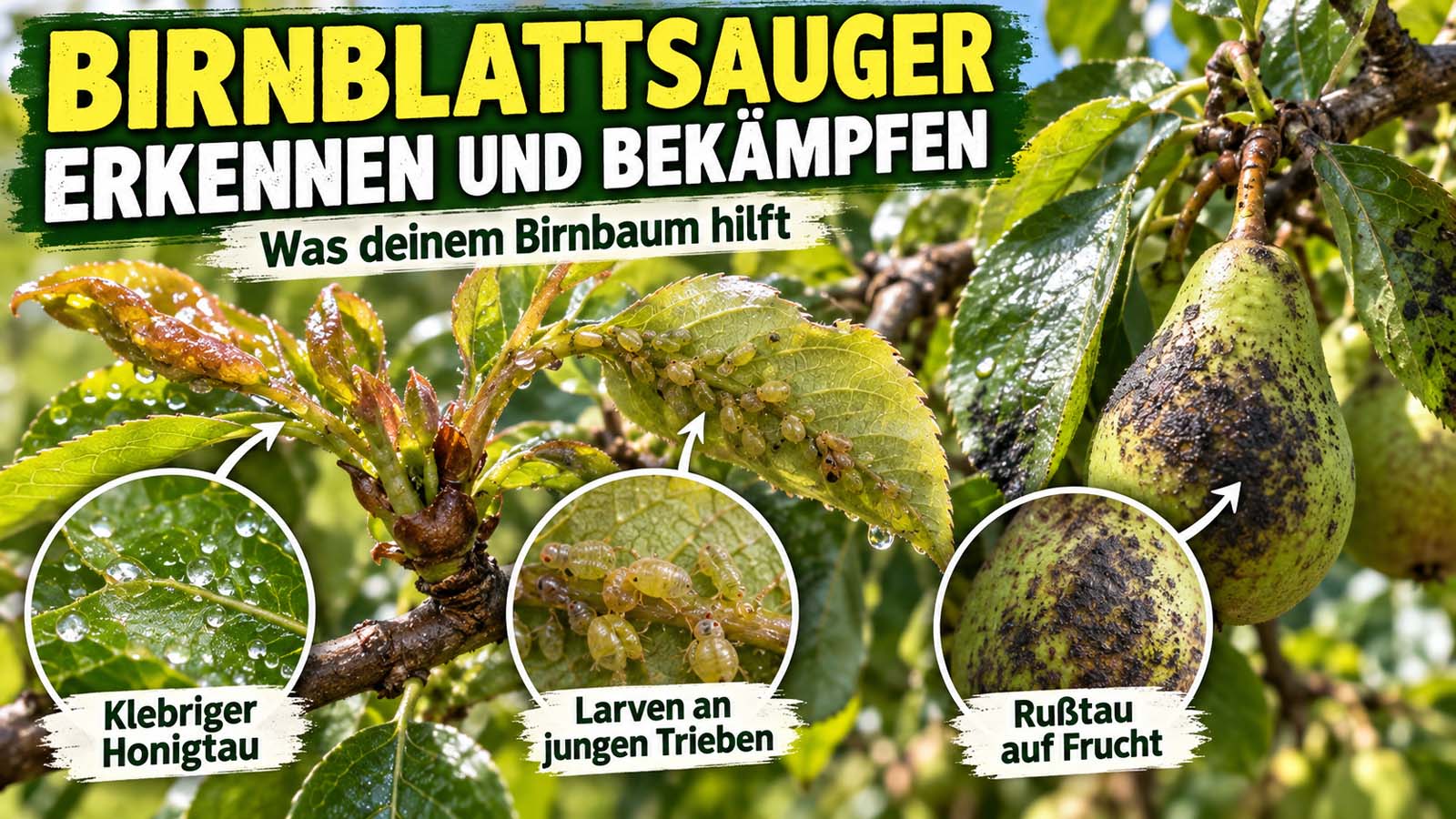 Birnblattsauger an jungen Birnentrieben mit klebrigem Honigtau, gelblichen Larven auf der Blattunterseite und schwarzem Rußtau auf einer Birne.