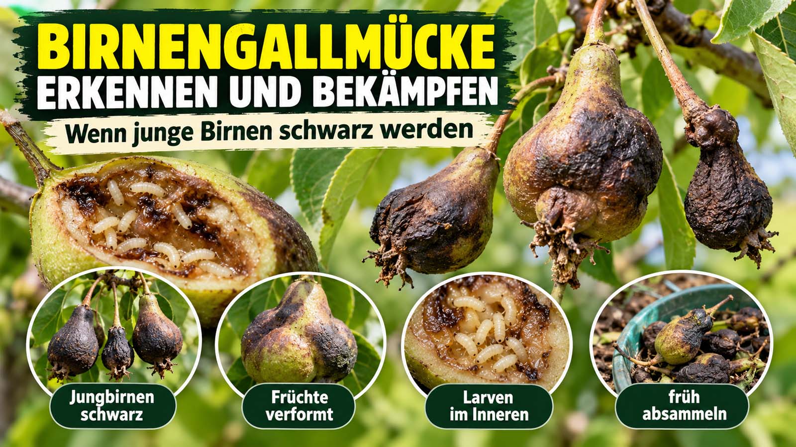Birnengallmücke verursacht schwarze, verdickte und verformte Jungbirnen am Birnbaum. Eine aufgeschnittene Frucht zeigt zahlreiche weißlich-gelbe Larven im Inneren.