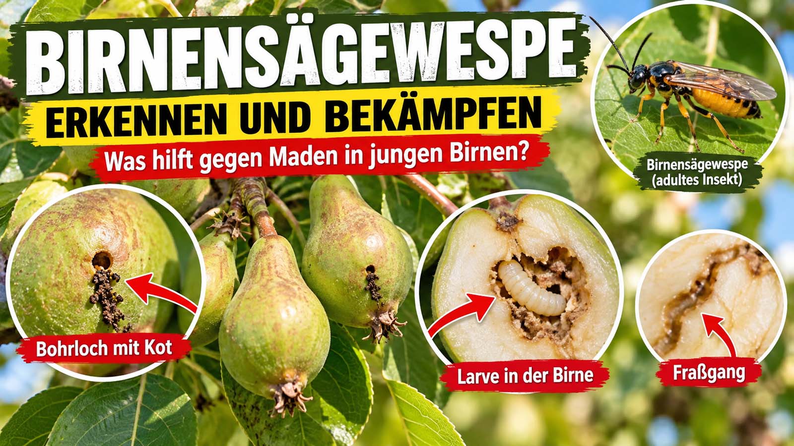 Junge Birnen mit typischen Schäden durch die Birnensägewespe: Bohrloch mit dunklem Kot, weißliche Larve im Fruchtinneren und Fraßgänge im aufgeschnittenen Obst.