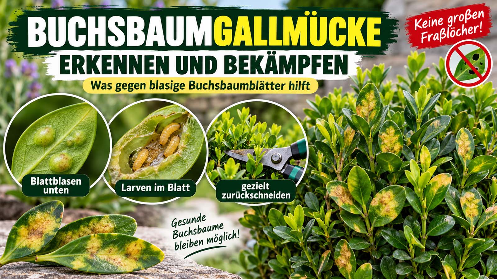 Buchsbaum mit gelbbraunen Blattflecken und blasigen Aufwölbungen auf den Blattunterseiten. Detailaufnahmen zeigen gelbliche Gallmückenlarven im Blatt und den gezielten Rückschnitt befallener Triebe.