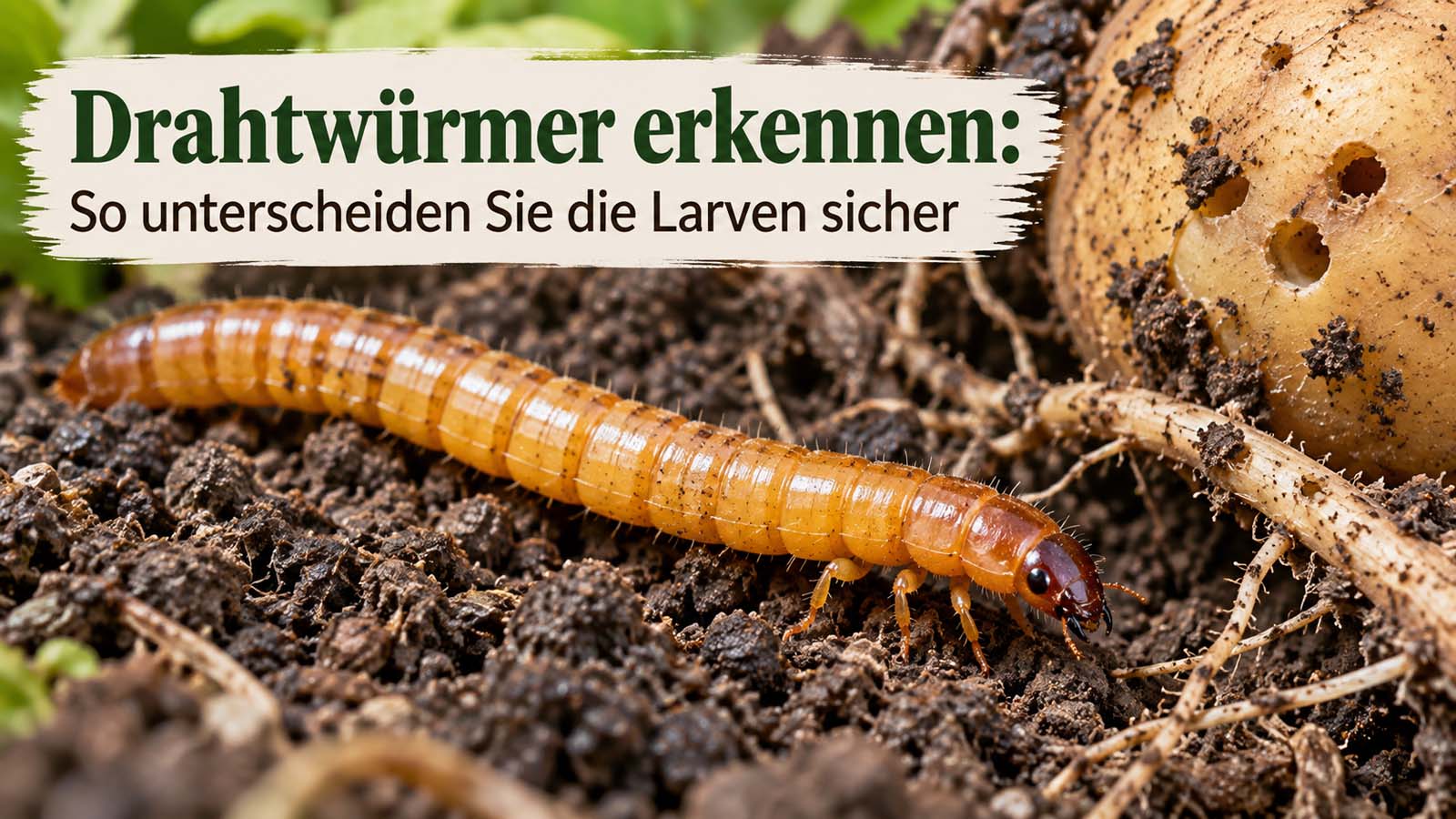 Drahtwurm-Larve im Gartenboden neben einer angefressenen Kartoffel – erkennbar am schmalen gelb-braunen Körper und den kurzen Beinpaaren hinter dem Kopf.