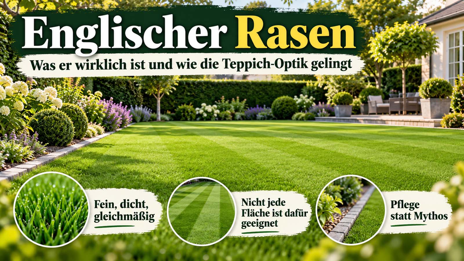 Englischer Rasen in einem gepflegten Garten mit dichter, feinblättriger und gleichmäßig grüner Rasenfläche – Tipps für die perfekte Teppich-Optik durch richtige Aussaat, Mähen und Pflege.
