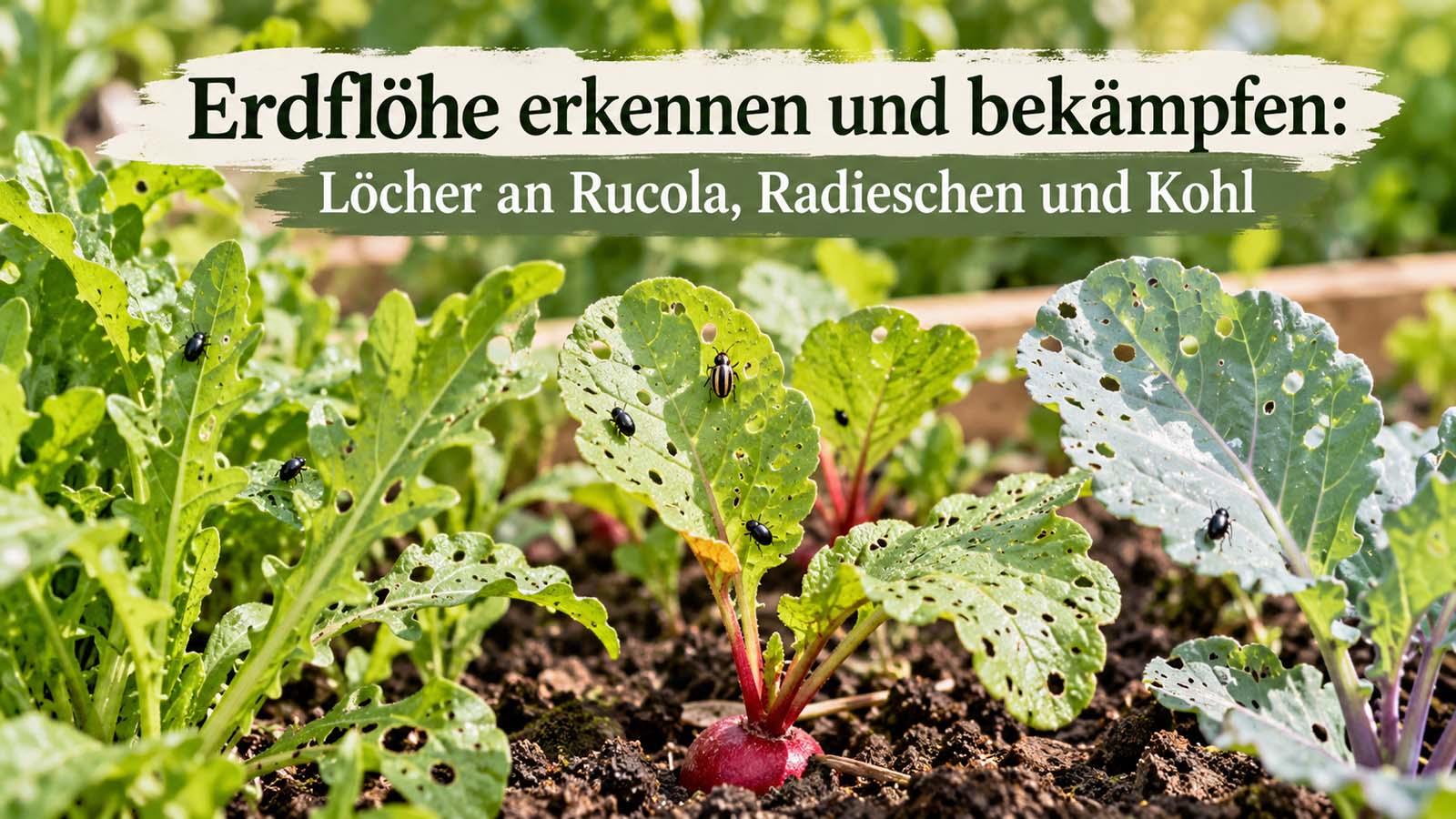 Erdflöhe auf durchlöcherten Blättern von Rucola, Radieschen und Kohl im Gemüsebeet – typische Fraßschäden durch kleine springende Blattkäfer.
