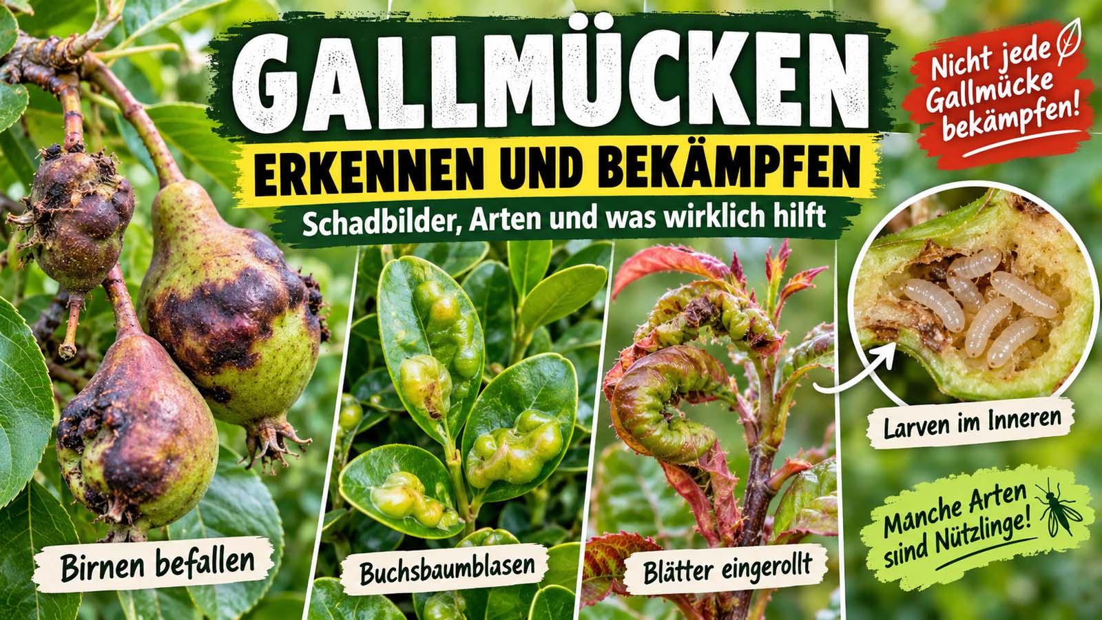 Typische Gallmücken-Schäden an Pflanzen mit befallenen Birnen, blasigen Buchsbaumblättern, eingerollten jungen Blättern und hellen Larven im Inneren eines Pflanzenteils.