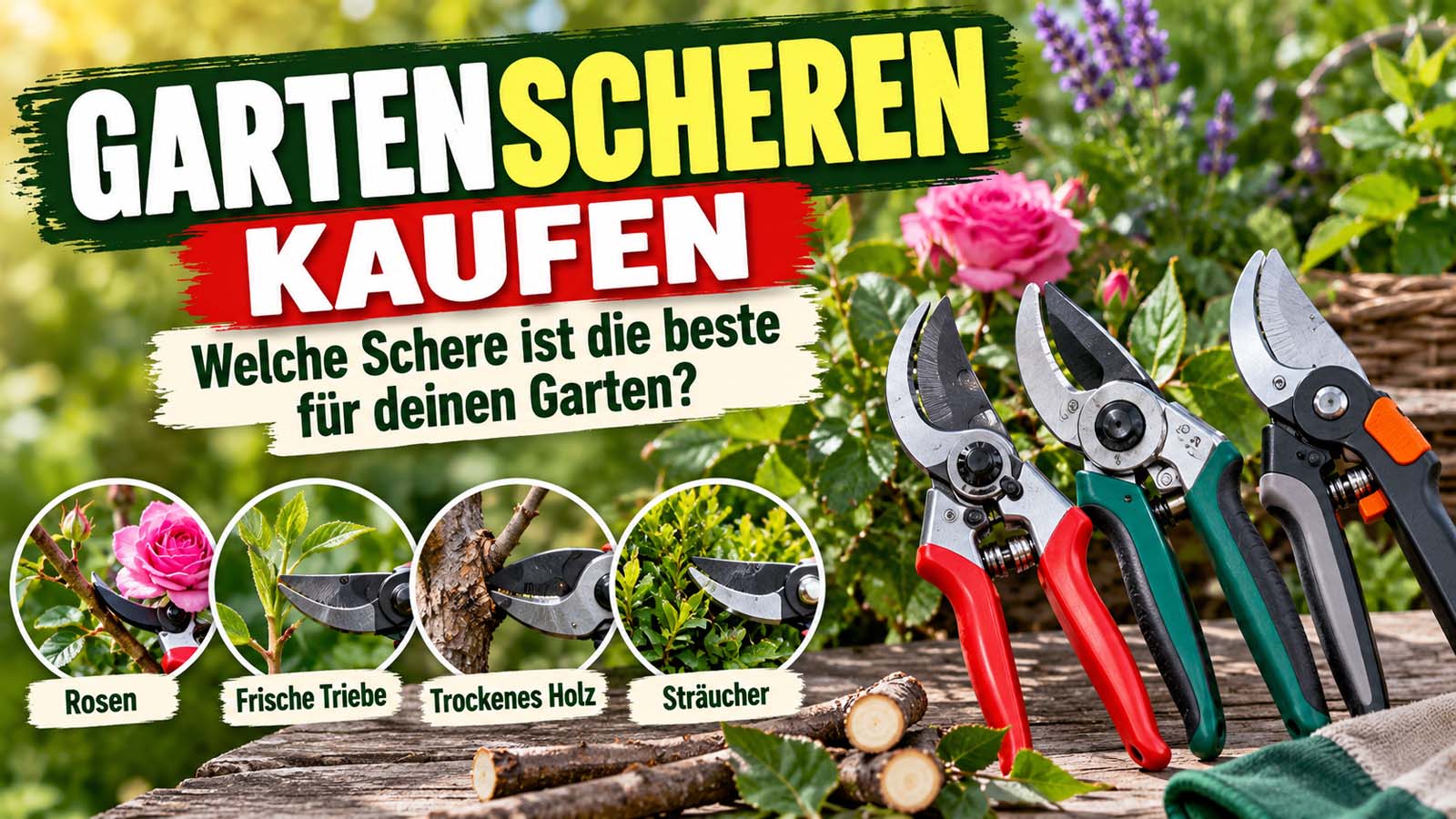 Drei unterschiedliche Gartenscheren mit roten, grünen und schwarzen Griffen im Garten. Vergleich der Einsatzbereiche für Rosen, frische Triebe, trockenes Holz und Sträucher.