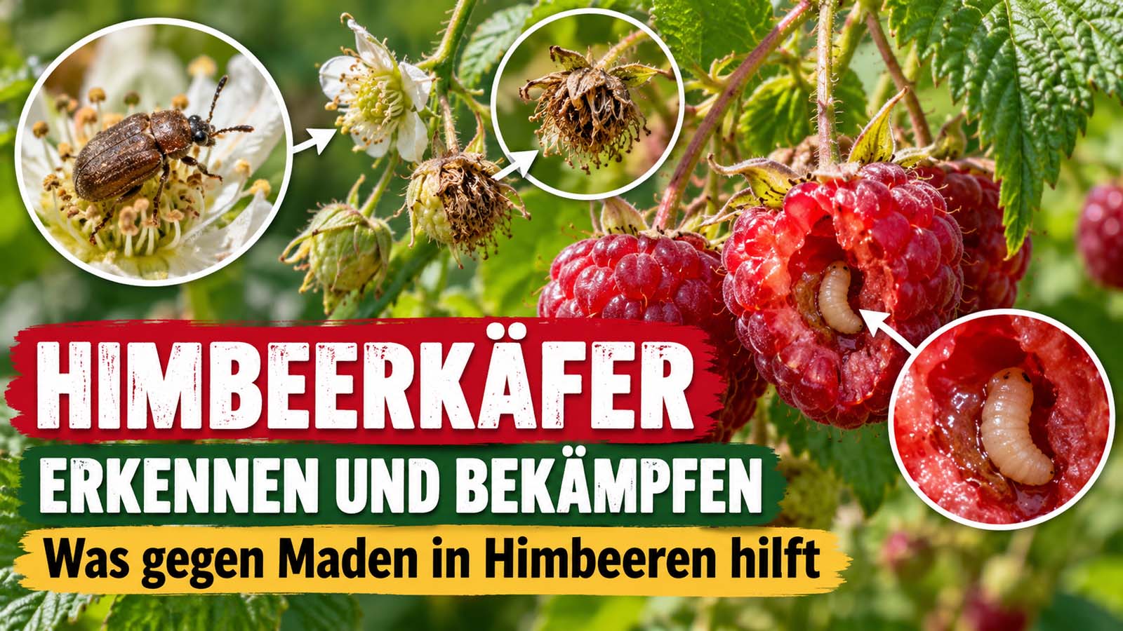Himbeerkäfer auf einer Himbeerblüte, befallene Himbeere mit heller Larve und typische Fraßschäden an Blüten und Früchten.