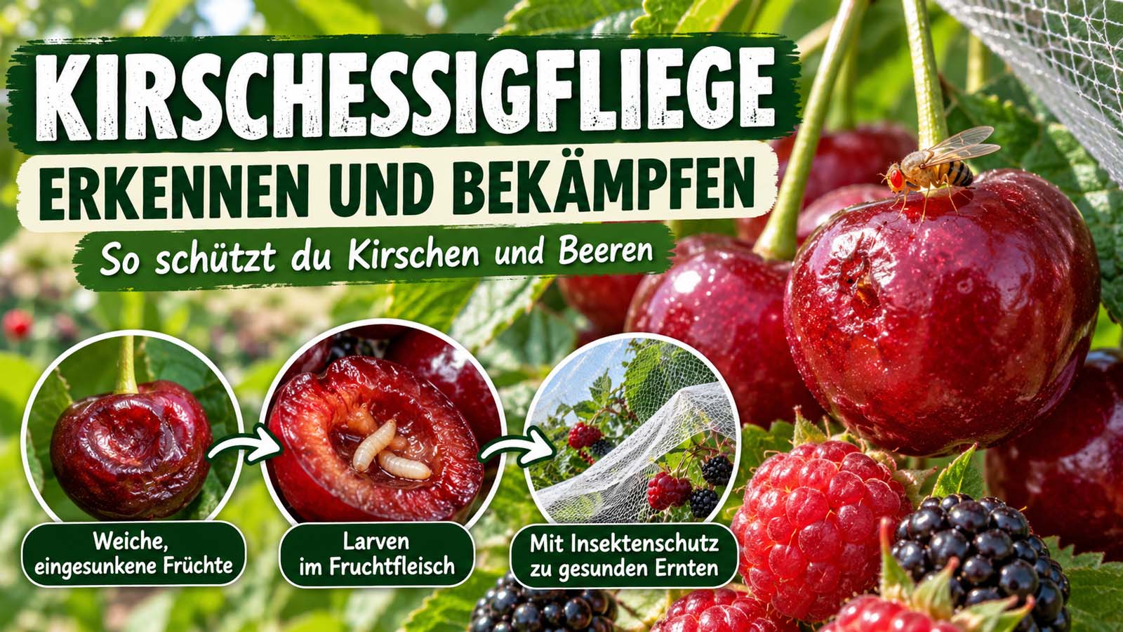 Kirschessigfliege auf reifer Kirsche mit eingesunkenen Fraßstellen, Larven im Fruchtfleisch und Schutznetz gegen den Befall von Kirschen und Beeren.
