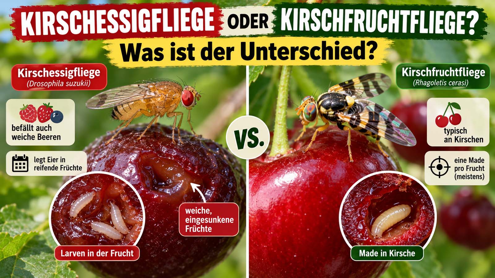 Vergleich von Kirschessigfliege und Kirschfruchtfliege mit typischen Erkennungsmerkmalen, befallenen Kirschen und Larven im Fruchtfleisch.