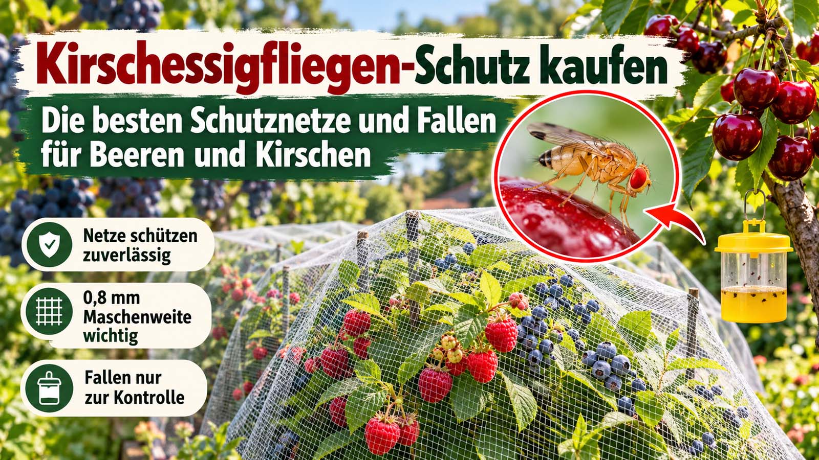 Feinmaschiges Schutznetz über Himbeeren und Heidelbeeren, daneben Kirschessigfliege, reife Kirschen und Lockstofffalle – Schutznetze und Fallen gegen Kirschessigfliegen im Vergleich.
