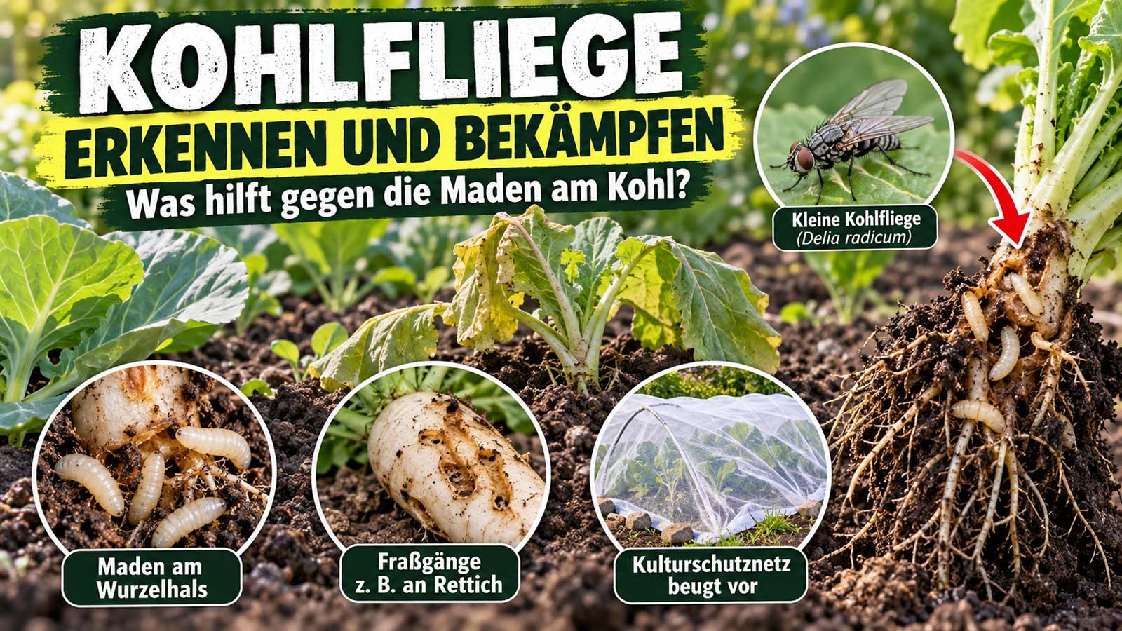 Kohlfliege und weißliche Maden an den Wurzeln einer welkenden Kohlpflanze. Das Bild zeigt Fraßgänge an Rettich und ein Kulturschutznetz zur Vorbeugung.