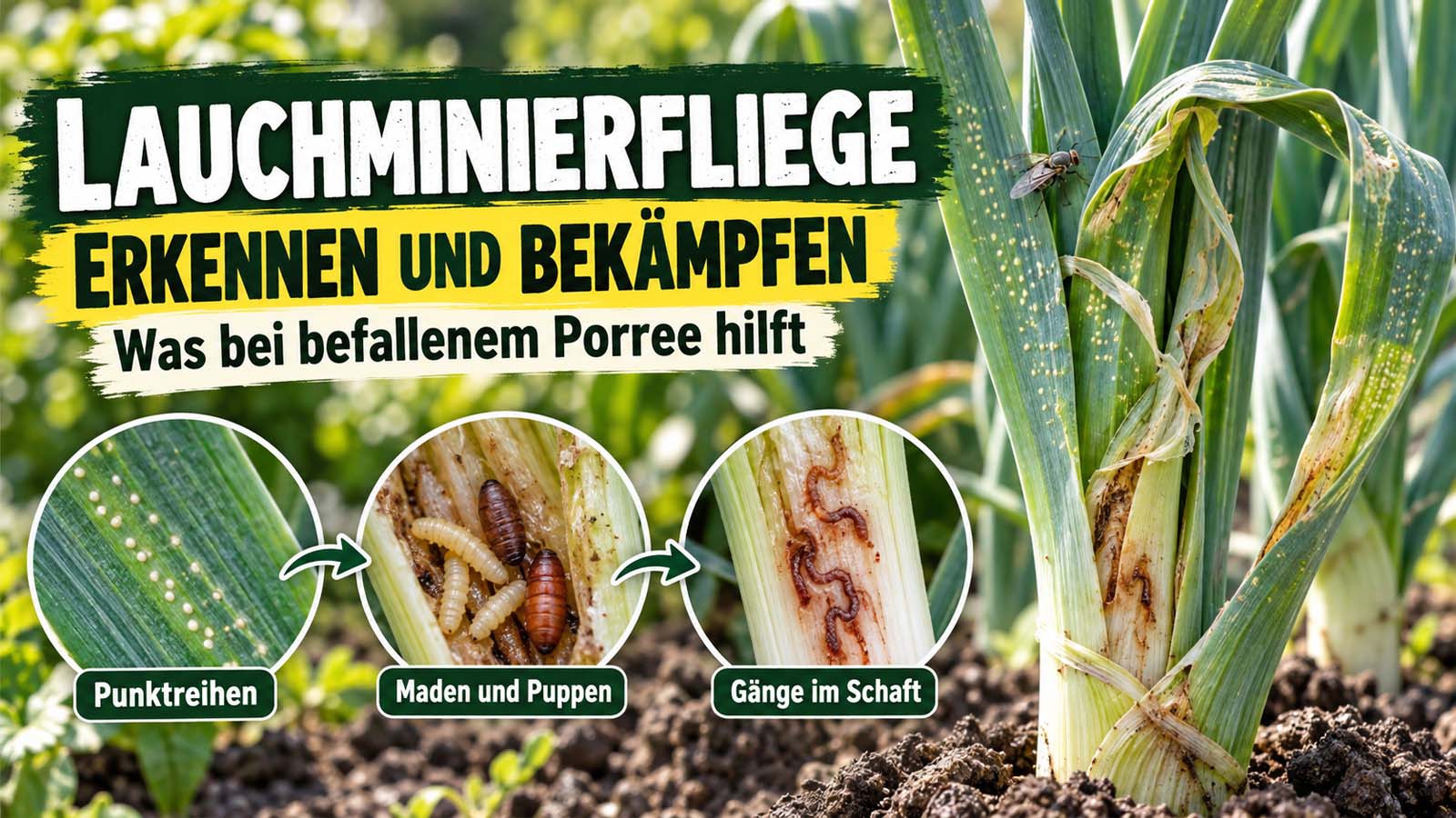 Porree mit typischen Schäden durch die Lauchminierfliege: helle Punktreihen auf den Blättern, gelbliche Maden, braune Puppen und Fraßgänge im Schaft.