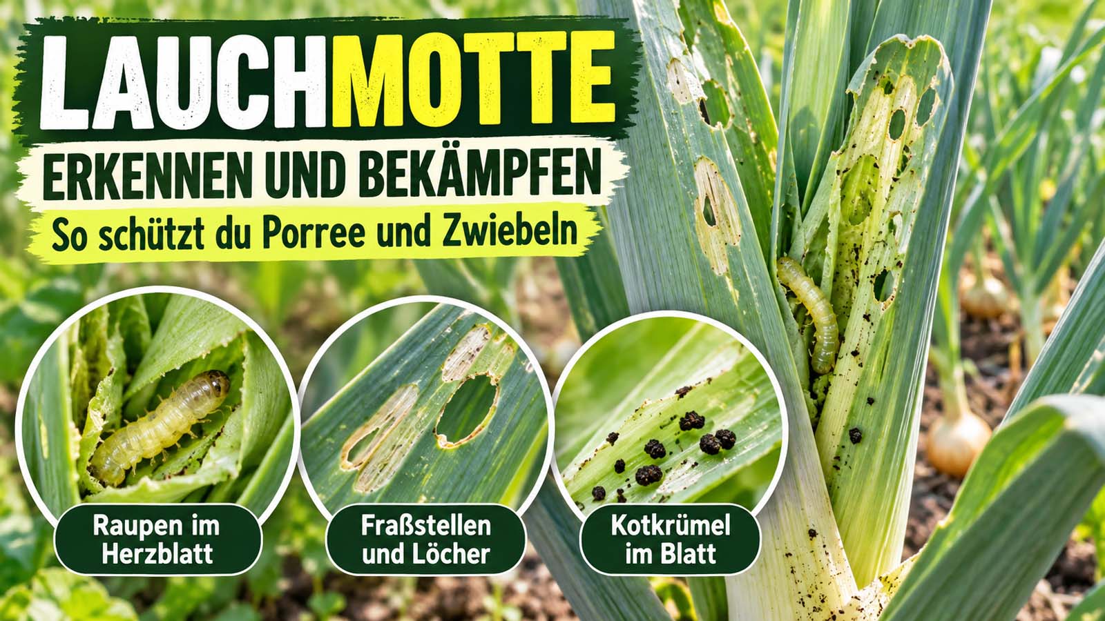 Porreepflanze mit typischen Schäden durch die Lauchmotte: helle Fraßstellen, längliche Löcher, Kotkrümel und eine gelblich-grüne Raupe zwischen den Herzblättern.