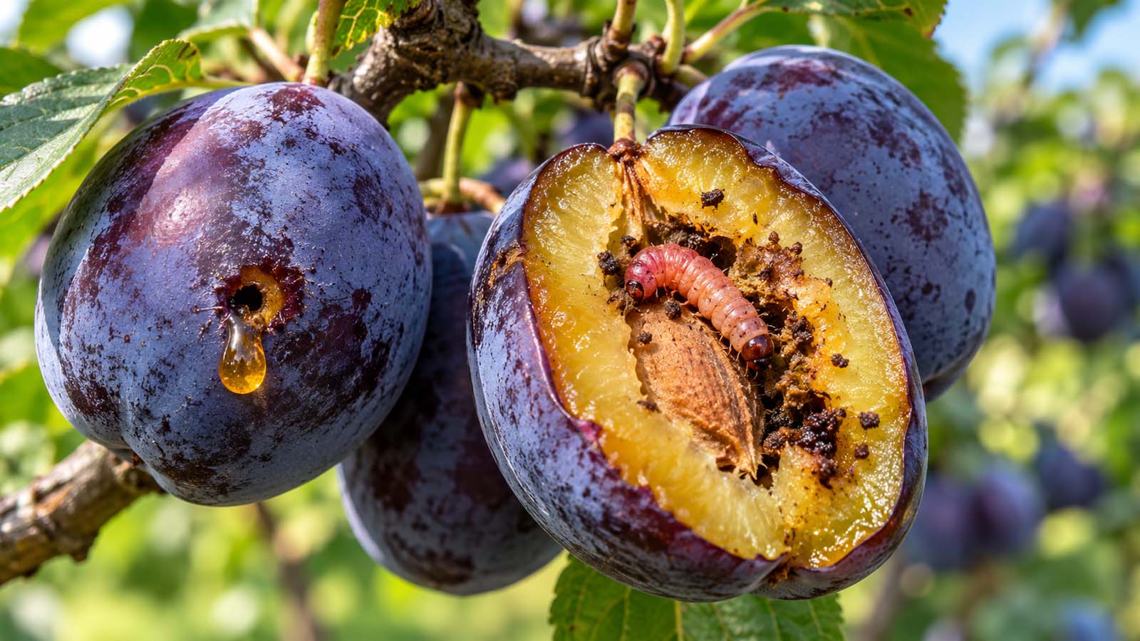 Rötliche Pflaumenwickler-Raupe mit dunkler Kopfkapsel neben dem Stein einer aufgeschnittenen Pflaume mit Fraßspuren und Kotkrümeln.