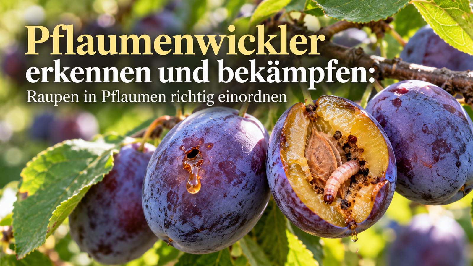 Befallene Pflaumen am Baum mit Bohrloch, Gummitropfen und sichtbarer Pflaumenwickler-Raupe im Fruchtinneren.