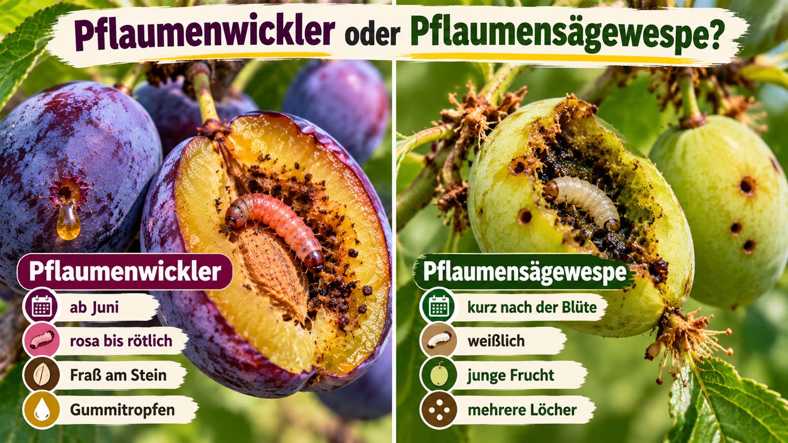 Vergleich von Pflaumenwickler und Pflaumensägewespe mit typischen Larven und Fraßschäden in befallenen Pflaumen.