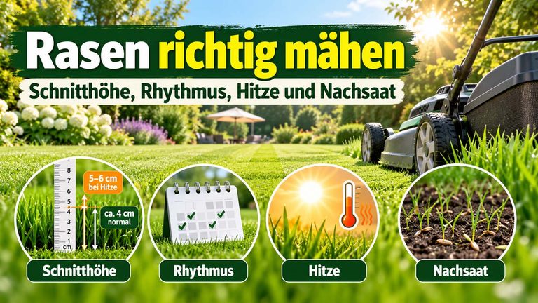 Rasen richtig mähen: Schnitthöhe, Rhythmus, Hitze und Nachsaat
