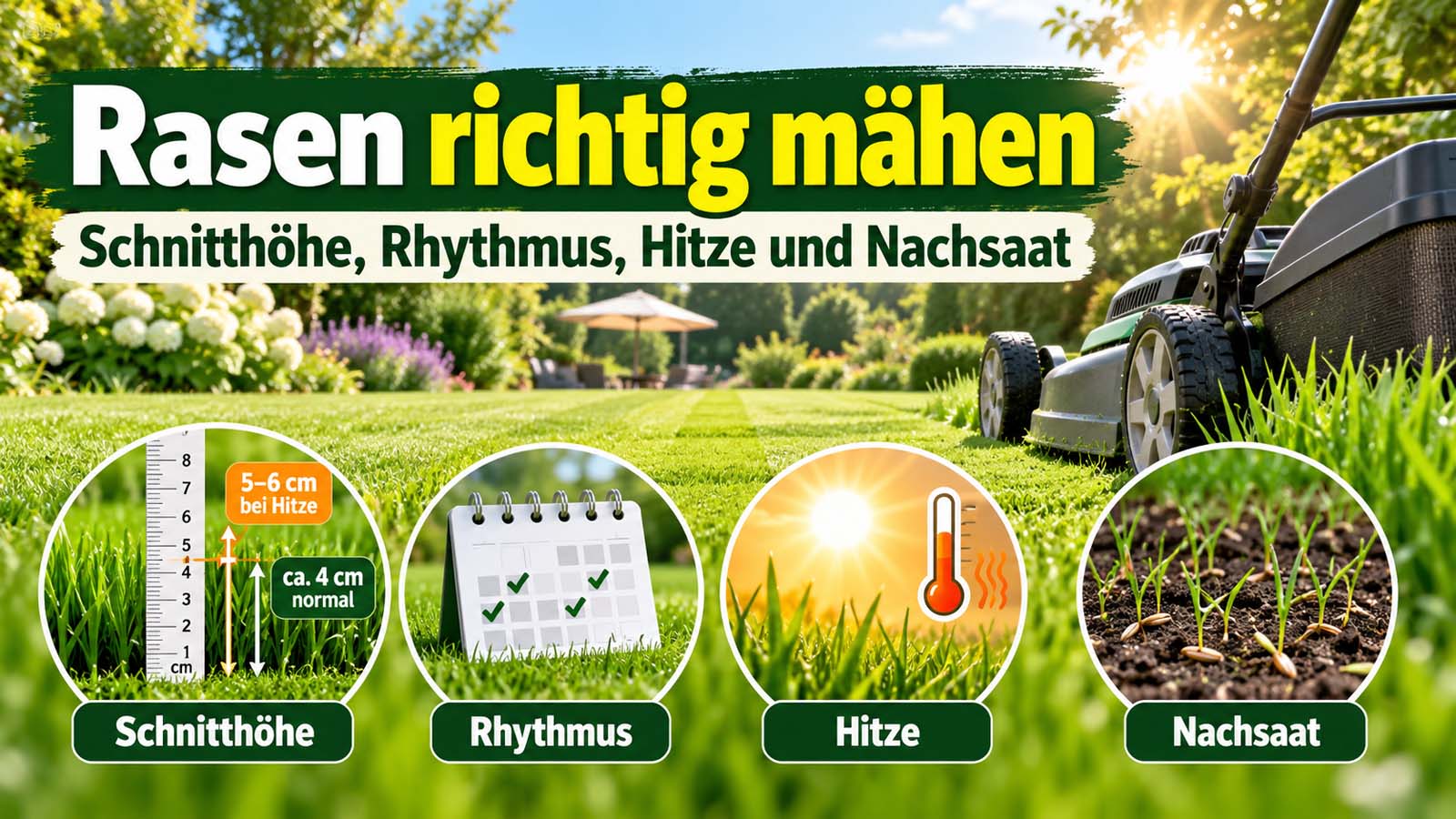 Rasen richtig mähen mit Rasenmäher im Garten: Infografik zur optimalen Schnitthöhe von 4 cm, 5–6 cm bei Hitze, Mährhythmus und Nachsaat.