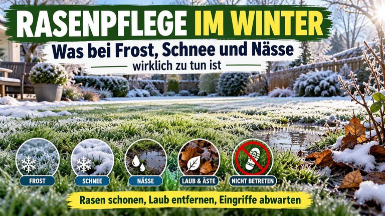 Rasenpflege im Winter: Was bei Frost, Schnee und Nässe wirklich zu tun ist