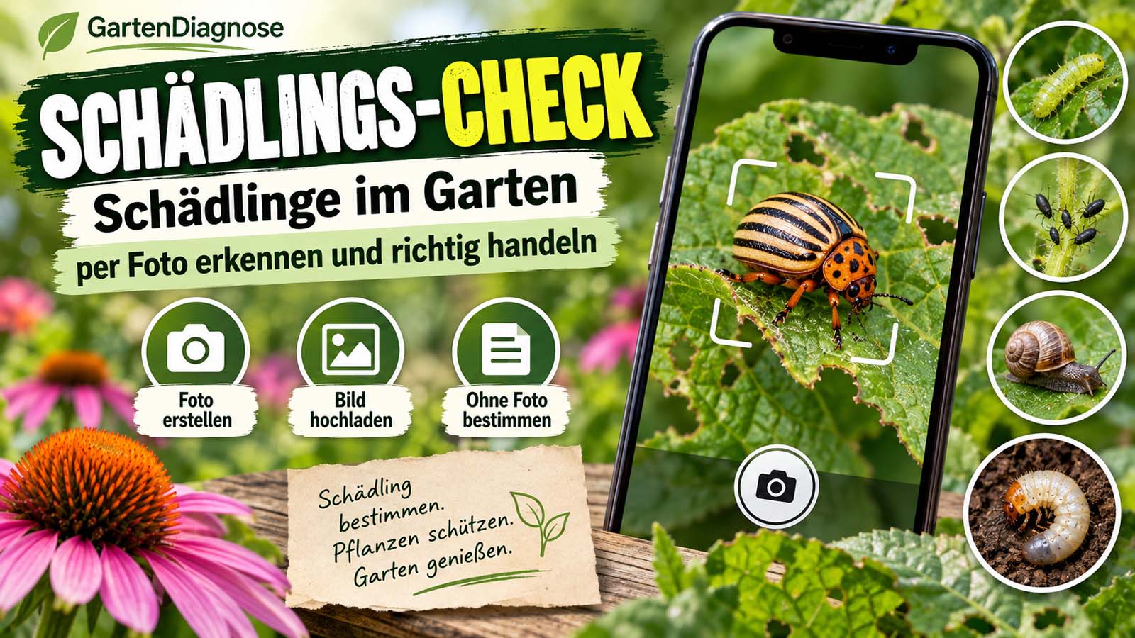 GartenDiagnose-Schädlings-Check mit Smartphone zur Fotoerkennung von Gartenschädlingen. Käfer, Raupen, Blattläuse, Schnecken und Engerlinge bestimmen – per Foto, Bild-Upload oder manueller Suche.