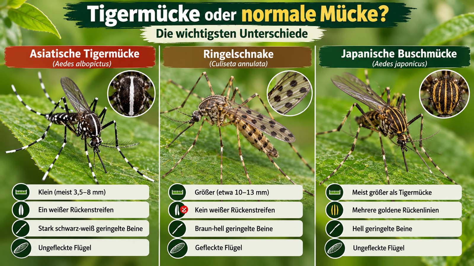 Vergleich von Asiatischer Tigermücke, Ringelschnake und Japanischer Buschmücke mit typischen Unterschieden bei Körpergröße, Rückenzeichnung, Beinringen, Flügeln und Tagesaktivität.