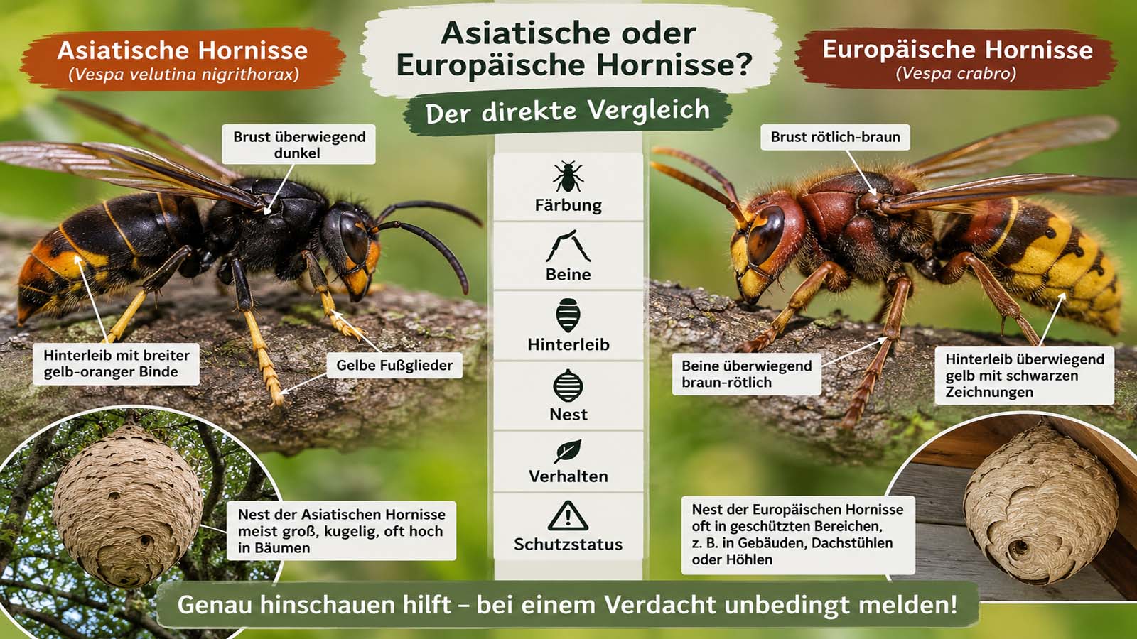Gegenüberstellung von Asiatischer und Europäischer Hornisse auf Ästen mit markierten Unterscheidungsmerkmalen wie dunkler oder rötlicher Brust, gelben Füßen und unterschiedlicher Färbung des Hinterleibs.