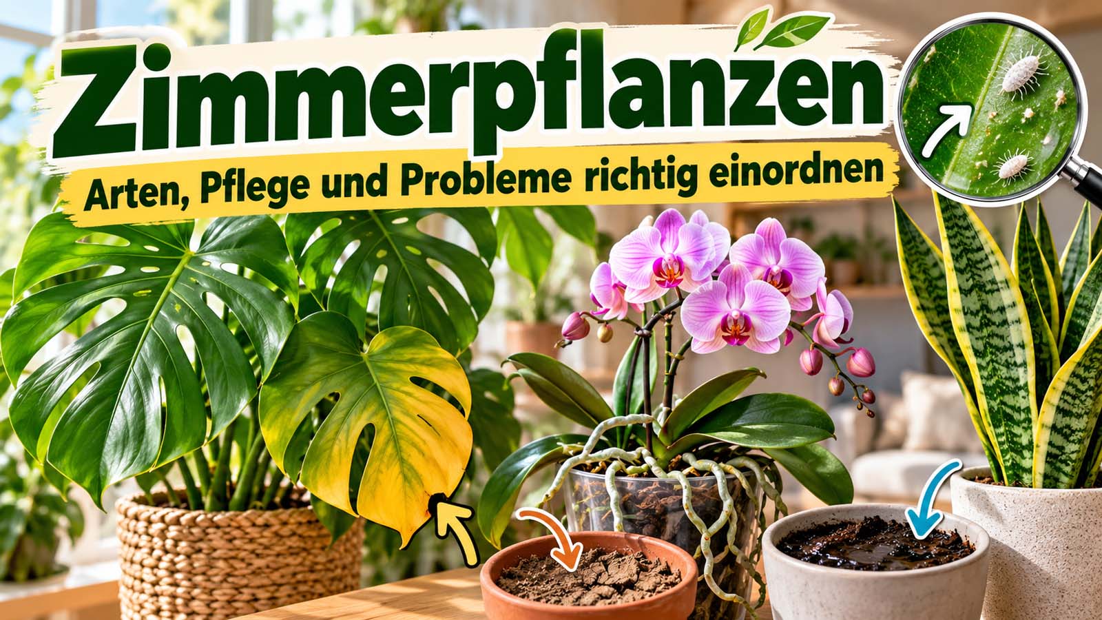 Monstera mit gelbem Blatt, blühende Orchidee und Bogenhanf – typische Zimmerpflanzen mit Hinweisen auf Pflegefehler, zu nasse oder trockene Erde und Schädlingsbefall.